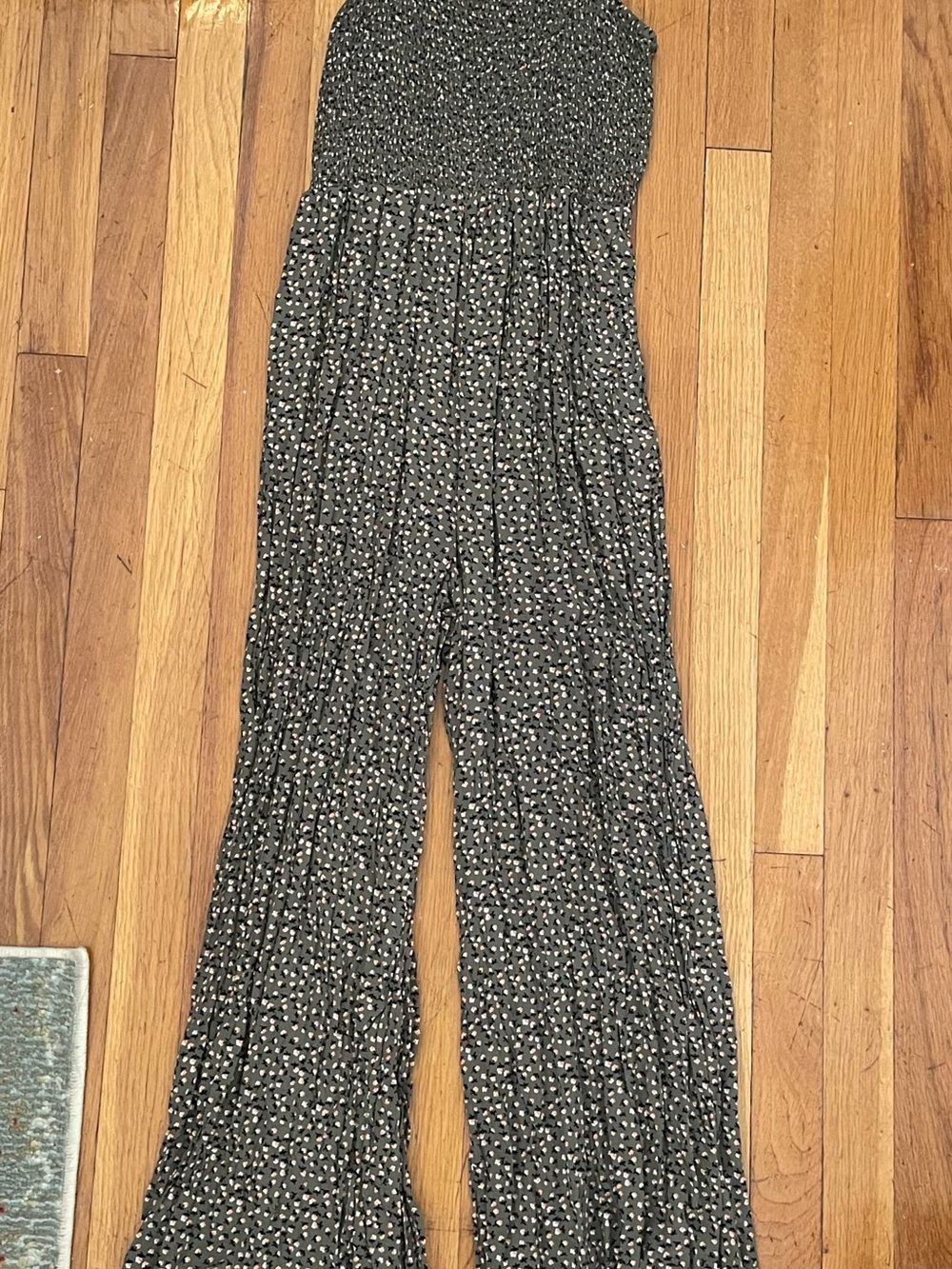 Smocked Wide-Leg Jumpsuit in Forest Green with Floral Print
